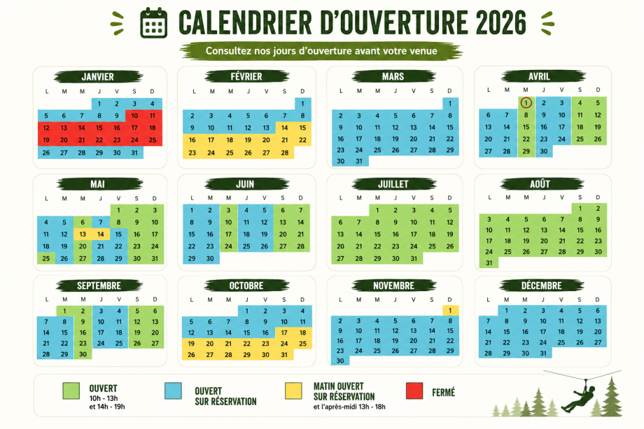 Calendrier d’ouverture 2026 de Parcours Aventure 49 à Brion près d’Angers et Saumur