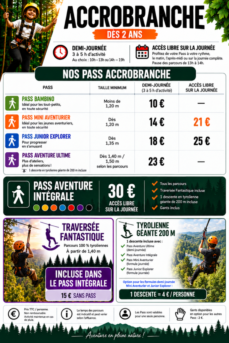Tarifs accrobranche, paintball, Gellyball et Géotrack Adventure à Brion près d’Angers et Saumur
